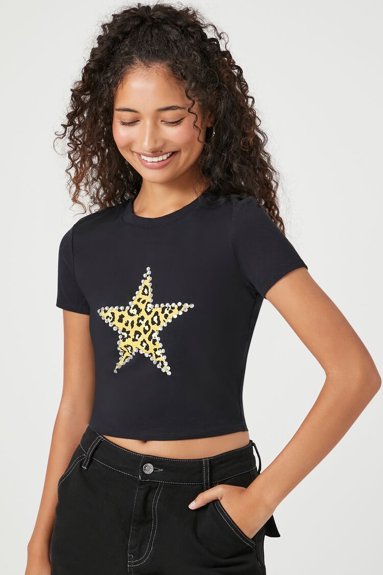 Forever 21 Women's Leopard Star Graphic Cropped T-Shirt Black/Multi