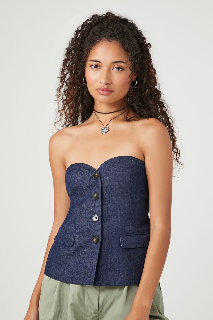 Forever 21 Women's Button-Front Sweetheart Tube Top Dark Denim