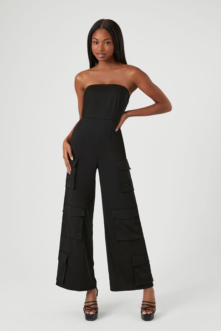 Forever 21 Women's Satin Tube Wide-Leg Cargo Jumpsuit Black