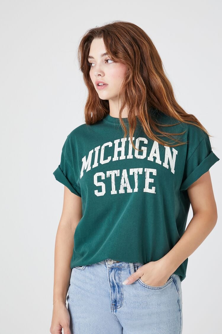 Forever 21 Women's Oversized Michigan State Graphic T-Shirt Green/Multi