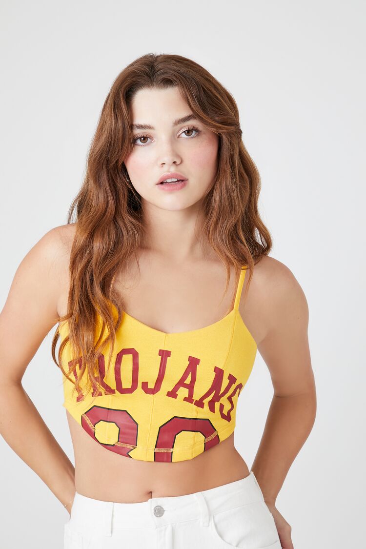 Forever 21 Women's Trojans Graphic Cropped Cami Yellow/Multi