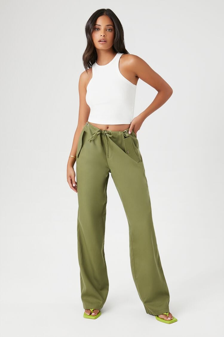 Forever 21 Women's Drawstring Wide-Leg Pants Olive