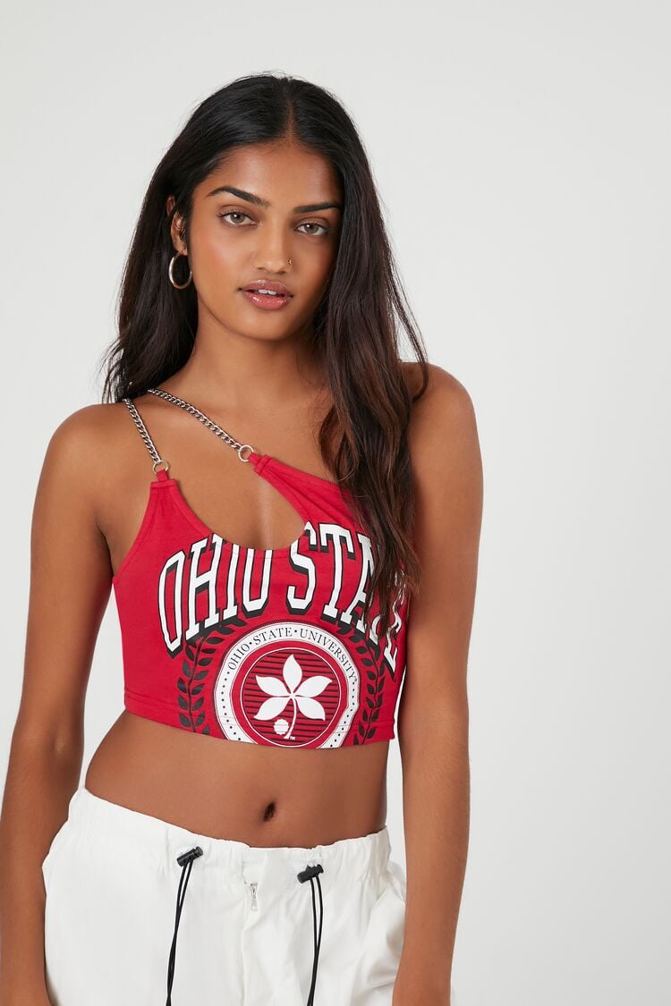 Forever 21 Women's Ohio State One-Shoulder Crop Top Red/Multi