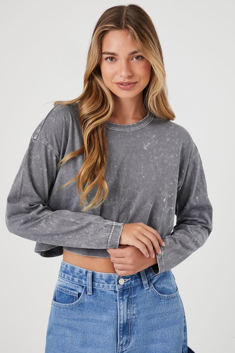 Forever 21 Women's Cropped Mineral Wash Top Charcoal