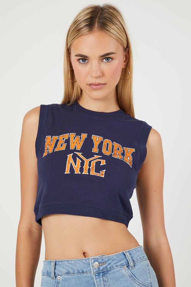 Forever 21 Women's Cropped NYC Graphic Muscle T-Shirt Navy/Multi