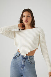 Forever 21 Knit Women's Ribbed Sharkbite Cropped Sweater Vanilla