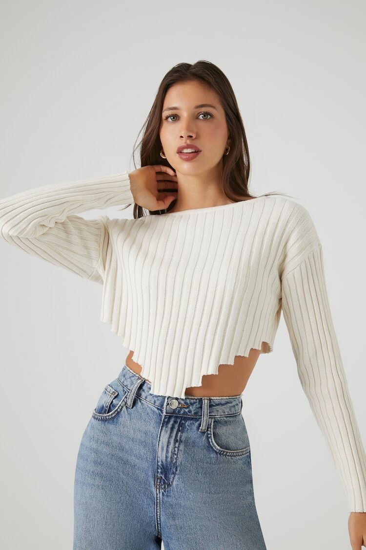 Forever 21 Knit Women's Ribbed Sharkbite Cropped Sweater Vanilla