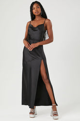 Forever 21 Women's Satin Leg-Slit Maxi Long Dress Black