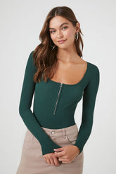 Forever 21 Women's Sweater-Knit Half-Zip Bodysuit Dark Green