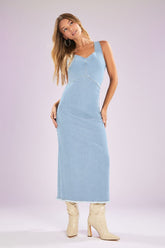 Forever 21 Women's Frayed Denim Maxi Long Dress Light Denim