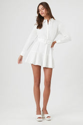 Forever 21 Women's Poplin Belted Mini Shirt Dress White