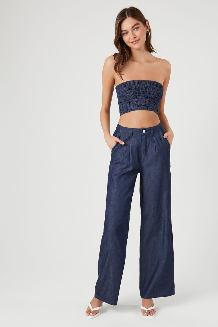 Forever 21 Women's Smocked Denim Tube Top & Pants Set Dark Denim