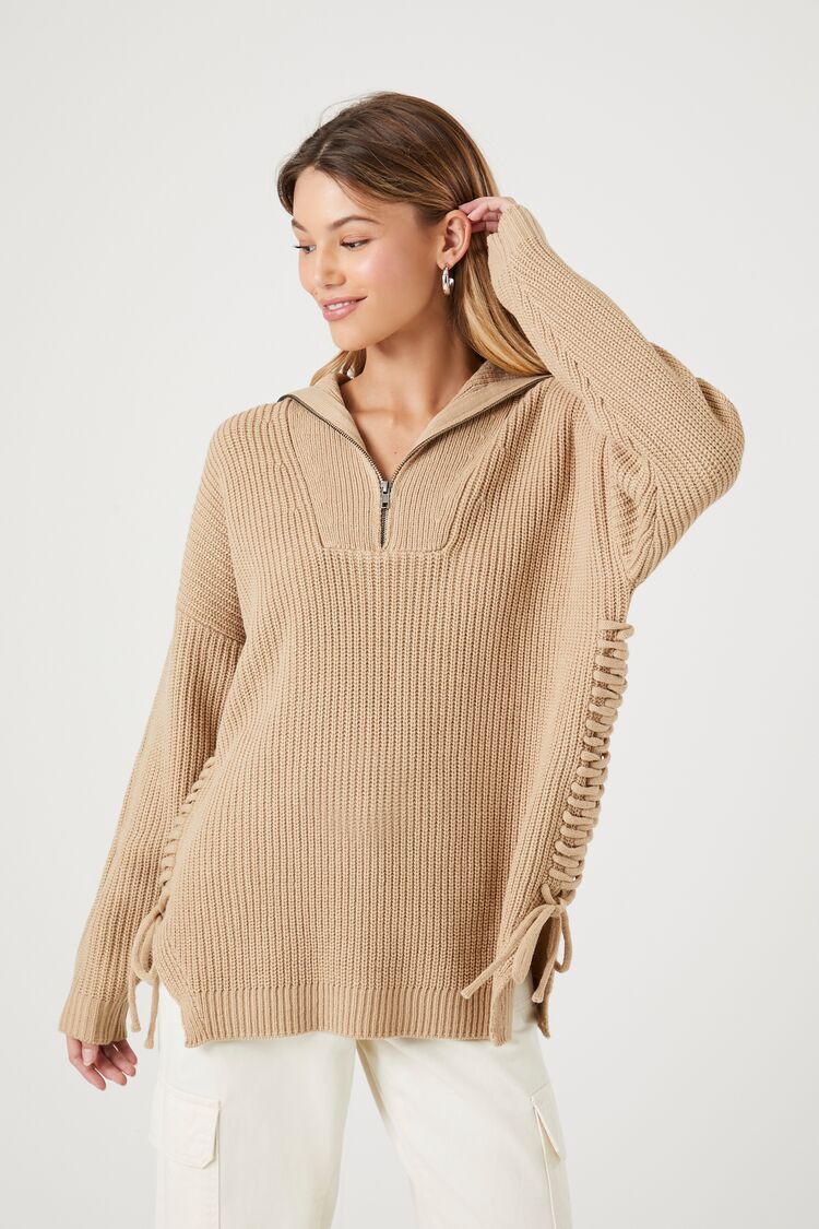 Forever 21 Knit Women's Half-Zip Lace-Up Sweater Khaki