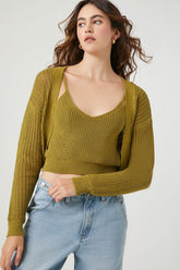 Forever 21 Knit Women's Cropped Cardigan Sweater & Cami Set Warm Olive