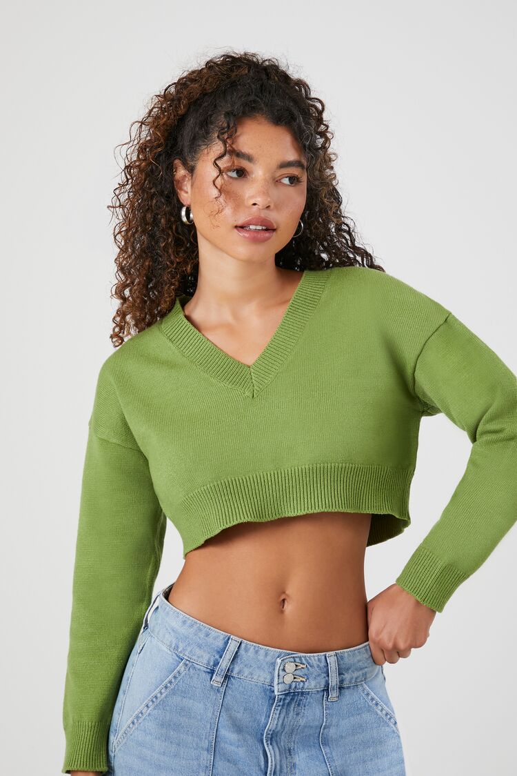 Forever 21 Knit Women's Cropped V-Neck Sweater Pepper Green