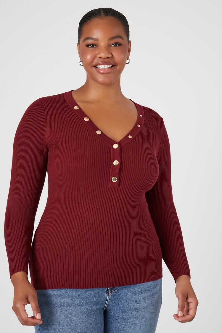 Forever 21 Plus Women's Ribbed Knit Henley Top Wine