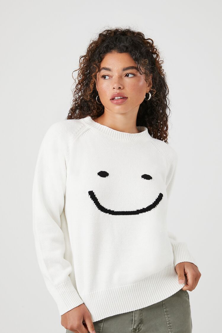 Forever 21 Knit Women's Happy Face Graphic Sweater White/Multi