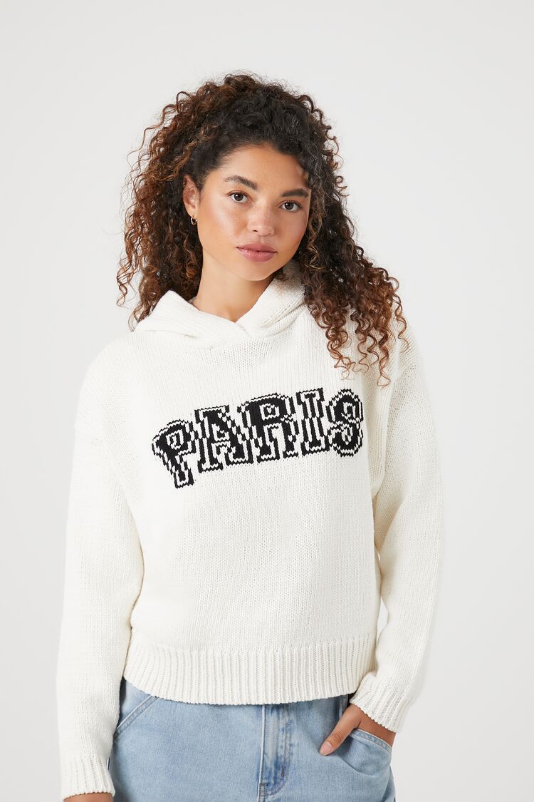 Forever 21 Women's Sweater-Knit Paris Hoodie Sweatshirt Cream/Multi