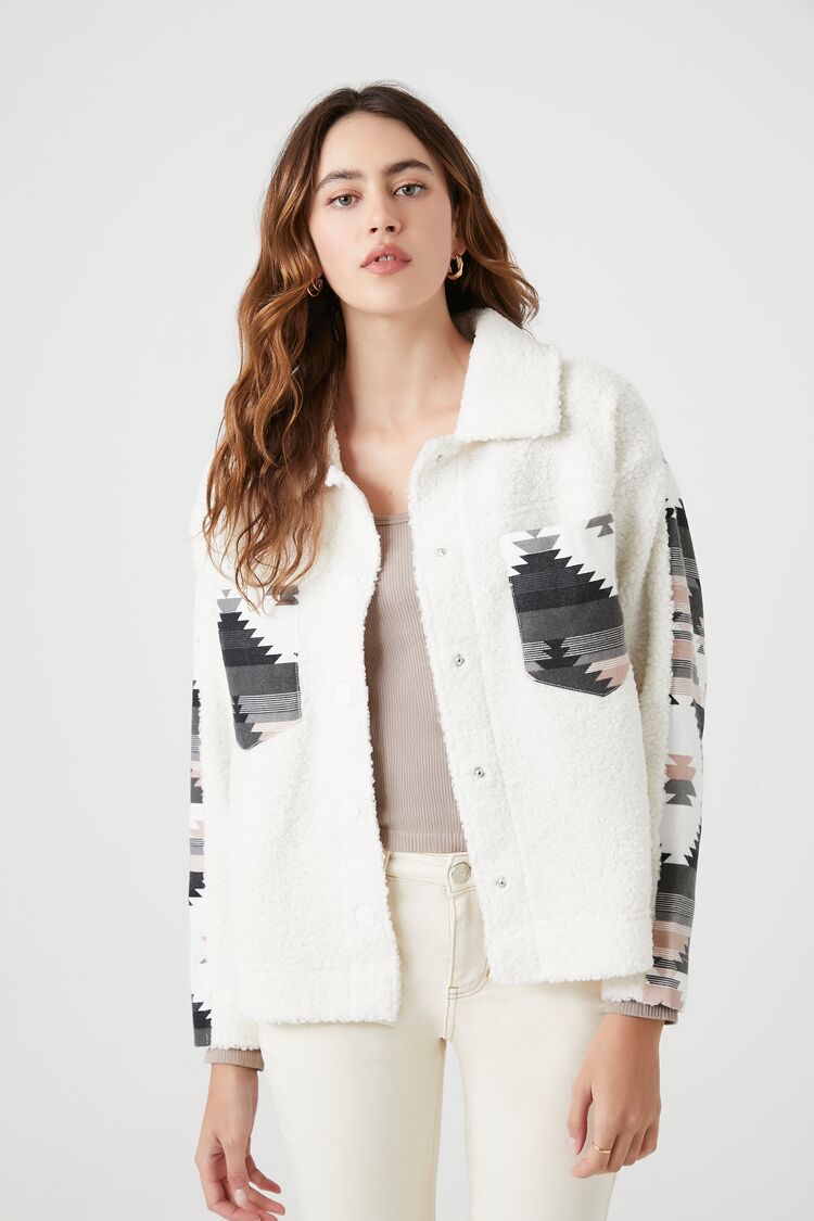 Forever 21 Women's Geo Print Faux Shearling/Sherpa Jacket Ivory/Multi