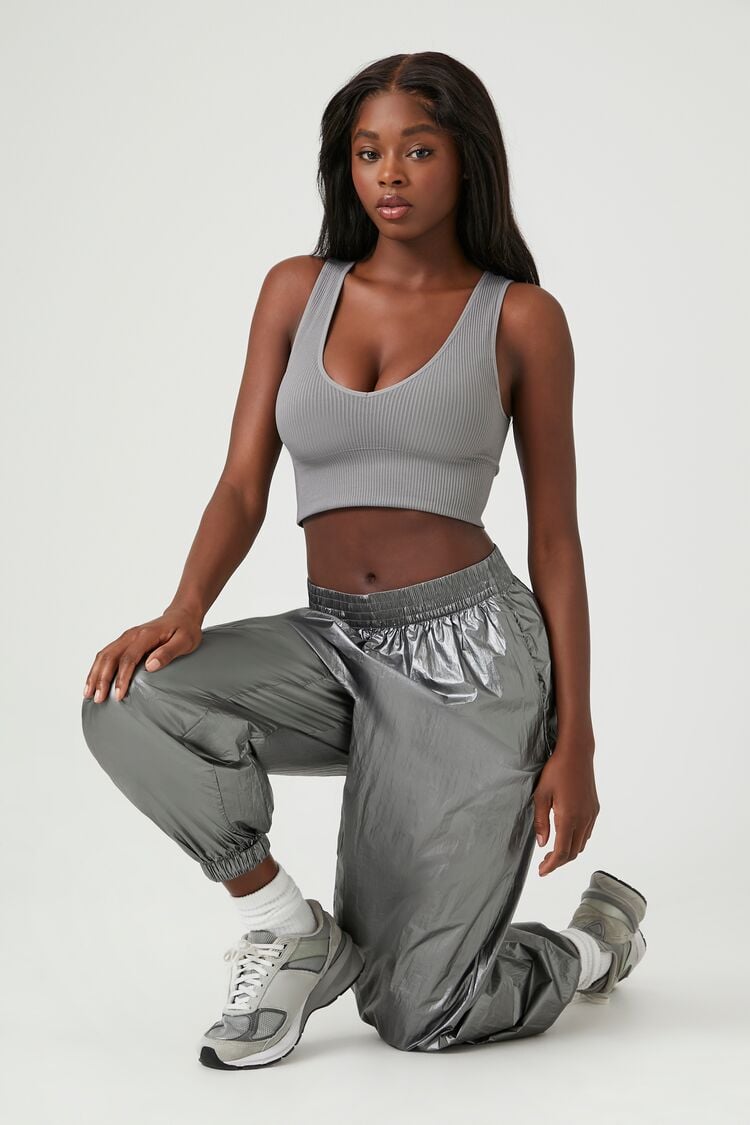 Forever 21 Women's Metallic Parachute Joggers Silver