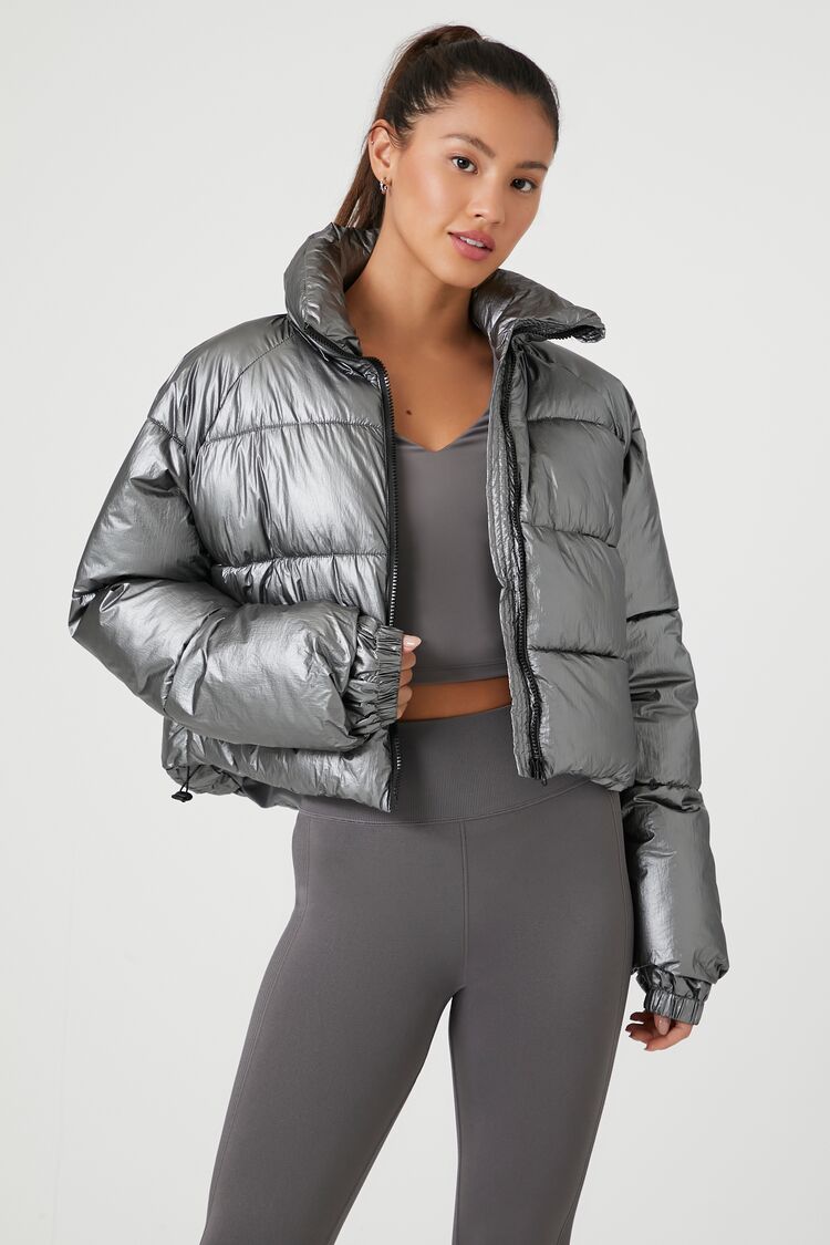 Forever 21 Women's Active Metallic Puffer Bubble Coat Jacket Silver