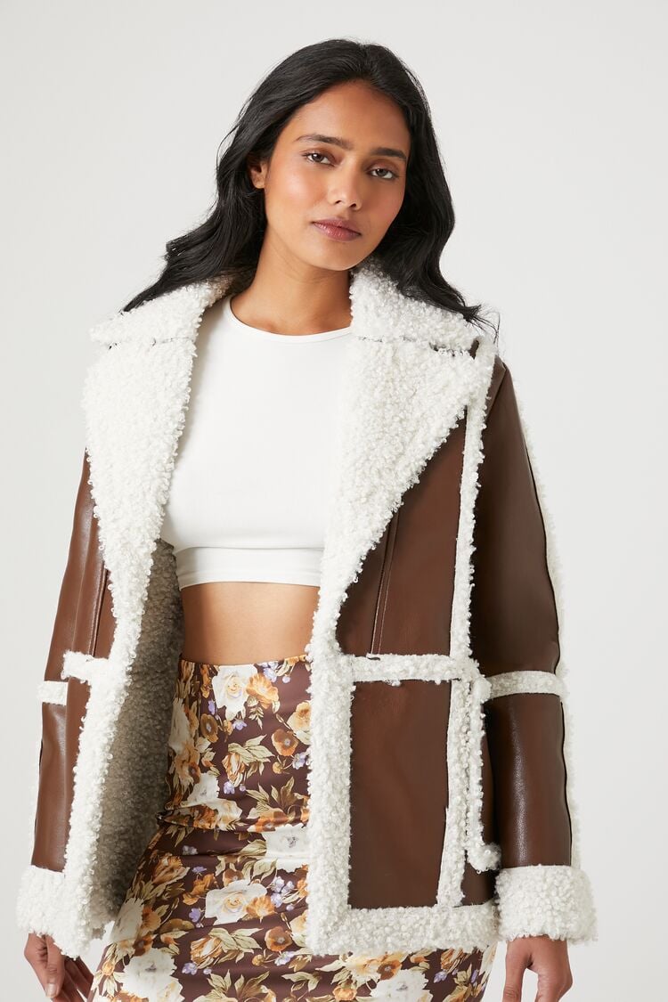 Forever 21 Women's Faux Shearling/Sherpa-Trim Coat Brown/Cream