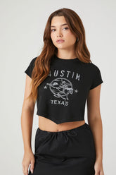 Forever 21 Women's Cropped Austin Texas Graphic T-Shirt Black/Multi