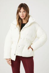 Forever 21 Women's Quilted Snap-Button Puffer Bubble Coat Jacket Ivory