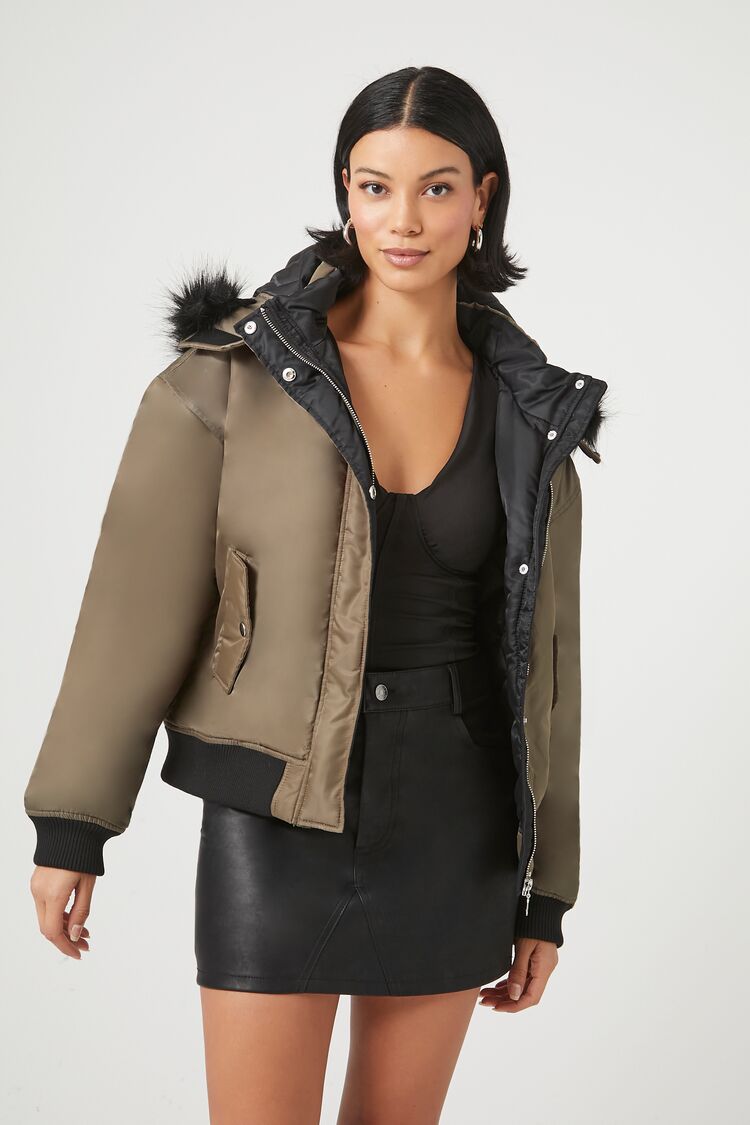 Forever 21 Women's Faux Fur-Trim Bomber Jacket Olive/Black