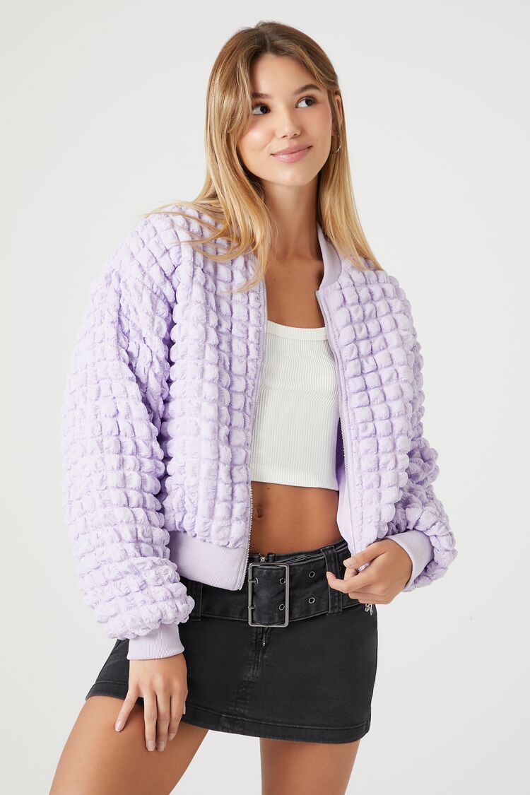 Forever 21 Women's Popcorn Knit Bomber Jacket Lavender