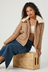 Forever 21 Women's Faux Fur-Trim Jacket Khaki/Tan