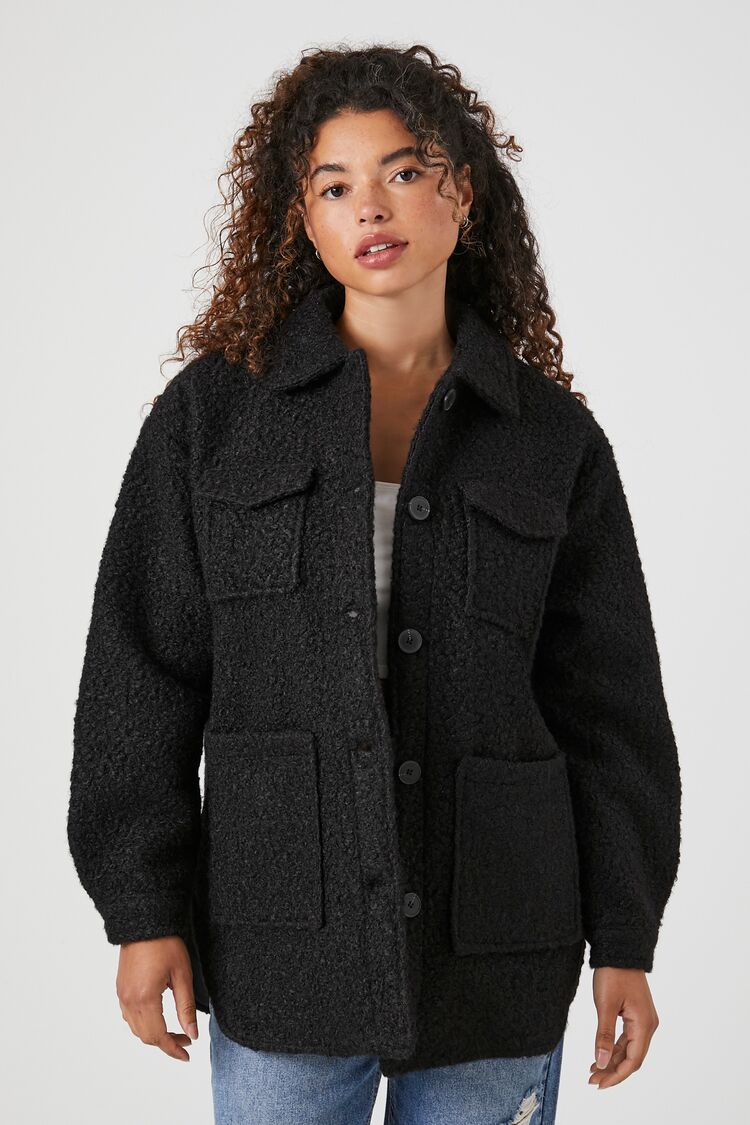 Forever 21 Women's Faux Shearling/Sherpa Button-Up Shacket Black