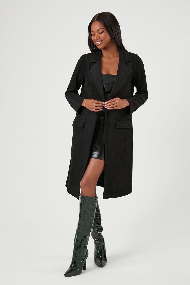 Forever 21 Women's Faux Suede Longline Trench Coat Black