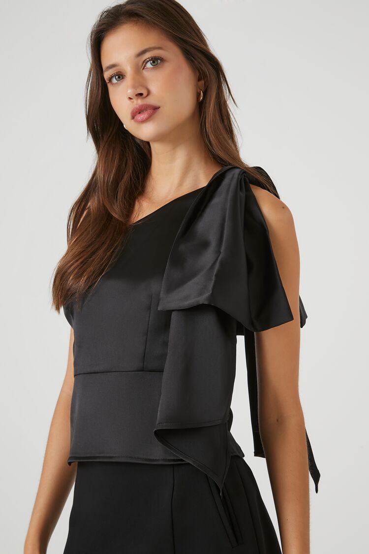 Forever 21 Women's Satin One-Shoulder Bow Top Black