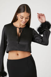 Forever 21 Women's Satin Faux Feather Crop Top Black