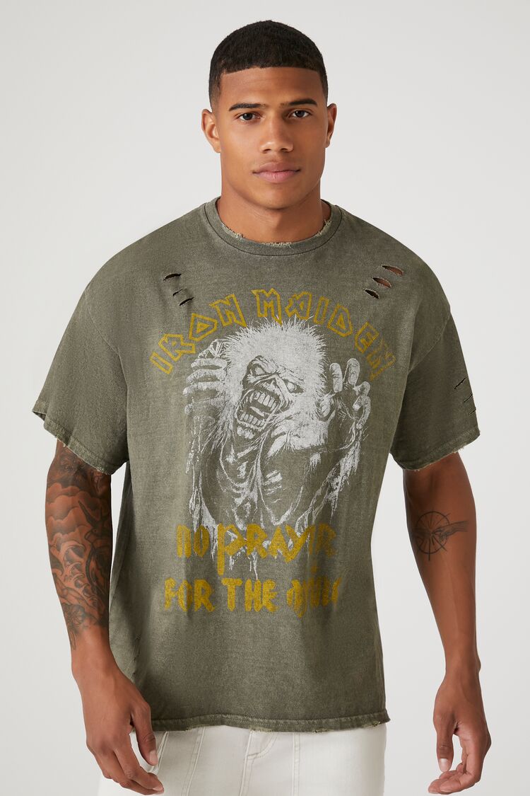 Forever 21 Men's Distressed Iron Maiden Graphic T-Shirt Olive/Multi