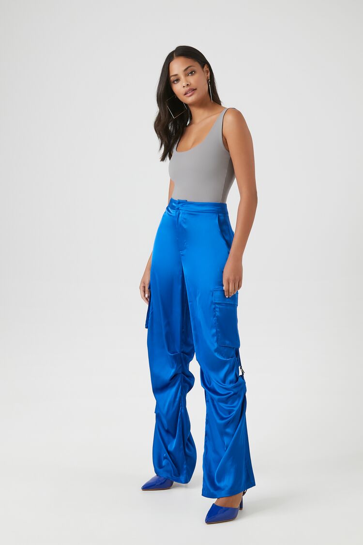 Forever 21 Women's Ruched Satin High-Rise Cargo Pants Blue