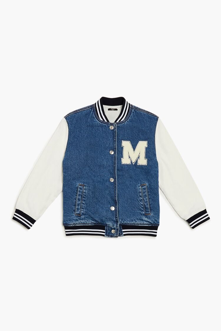 Forever 21 Kids Denim Letterman Jacket (Girls + Boys) Blue/Cream