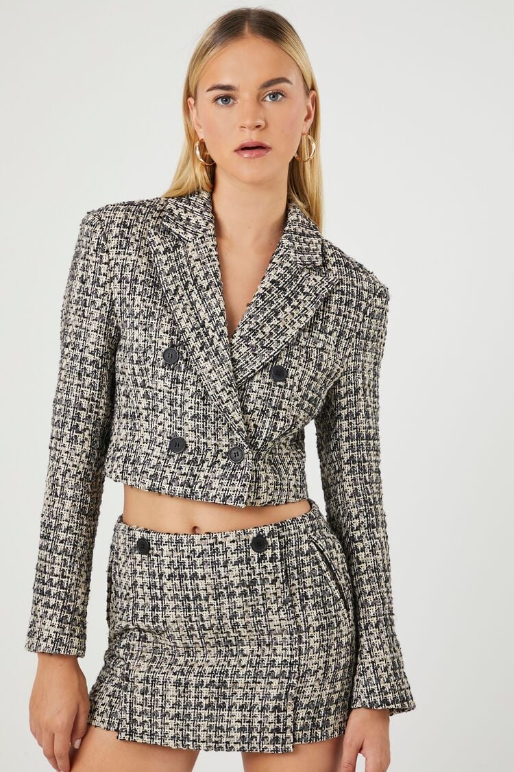 Forever 21 Women's Cropped Double-Breasted Tweed Blazer Black/Multi