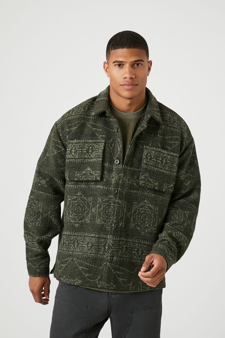 Forever 21 Men's Geo Print Button-Front Shacket Olive/Avocado