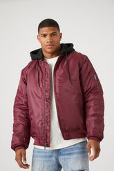 Forever 21 Men's Zip-Up Hooded Bomber Jacket Burgundy/Black