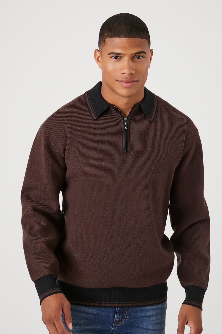 Forever 21 Men's Sweater-Knit Striped Polo Shirt Cocoa/Black