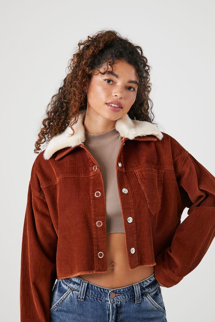 Forever 21 Women's Corduroy Cropped Trucker Jacket Chestnut