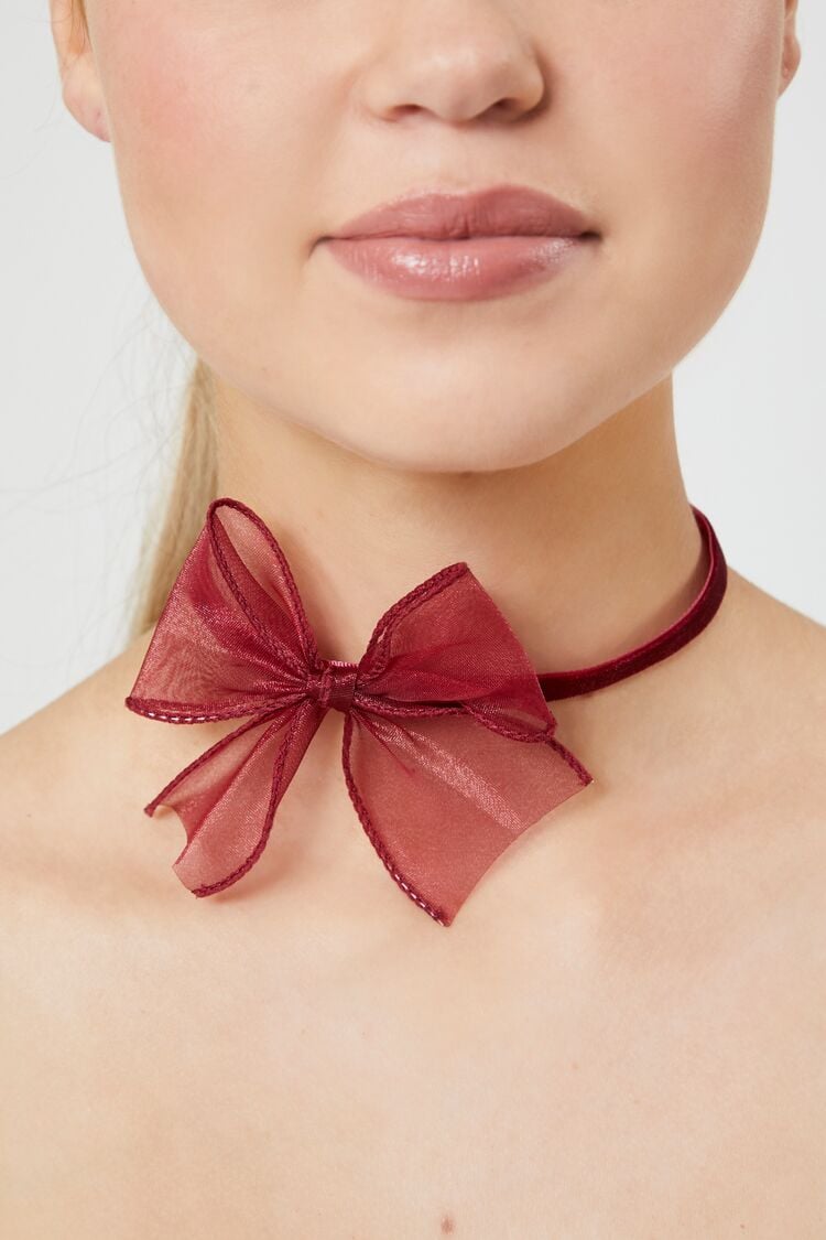 Forever 21 Women's Mesh Bow Choker Necklace Red