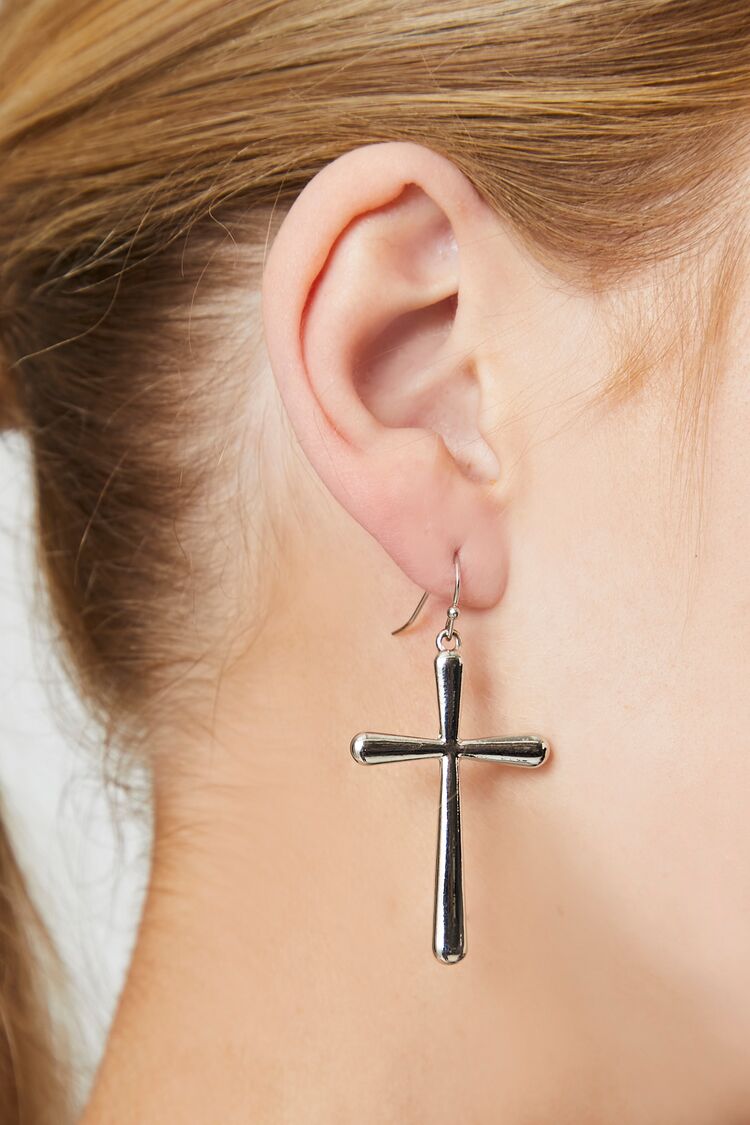 Forever 21 Women's Cross Pendant Drop Earrings Silver