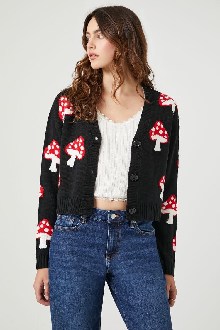 Forever 21 Knit Women's Mushroom Cardigan Sweater Black/Multi