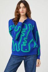 Forever 21 Knit Women's Abstract Dinosaur Sweater Blue/Multi