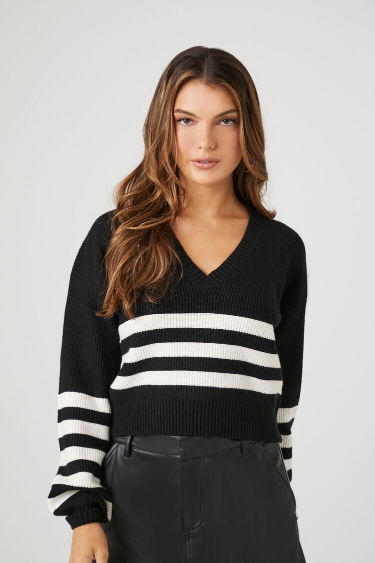 Forever 21 Knit Women's Striped V-Neck Sweater Black/White