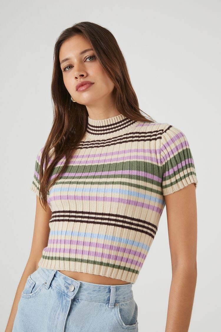 Forever 21 Women's Striped Sweater-Knit Top Pink/Multi