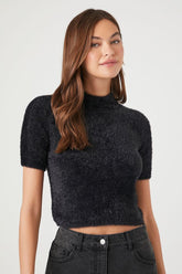 Forever 21 Women's Fuzzy Mock Neck Cropped T-Shirt Black